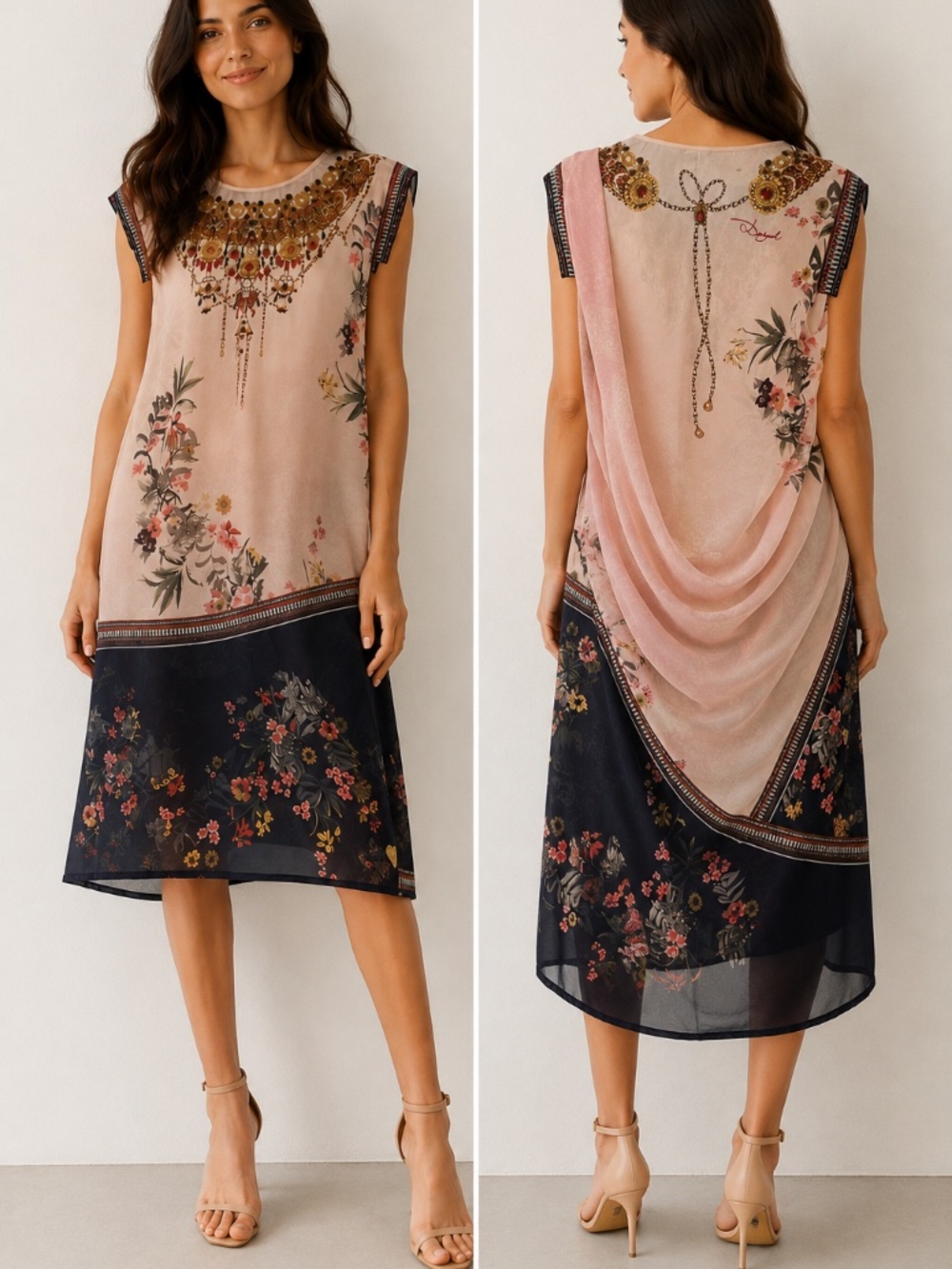 Desigual dress L pink/black midi hi/low metallic florals gems sleeveless boho